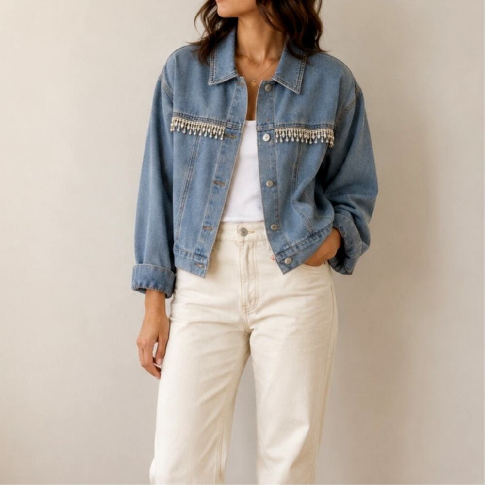 Tgla Boho Jean Denim Jacket Cropped Boxy Embellished Cowgirl Western Indie-Lg